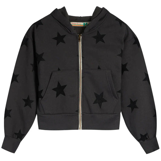 Black Flocked Allover Star Cropped Zip Hoodie (Tweens) VH