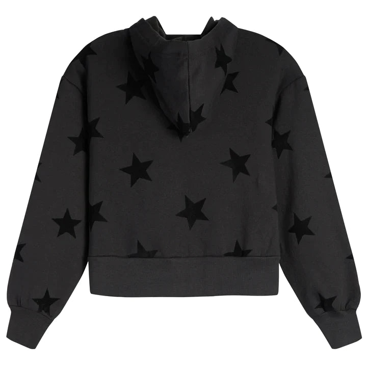 Black Flocked Allover Star Cropped Zip Hoodie (Tweens) VH