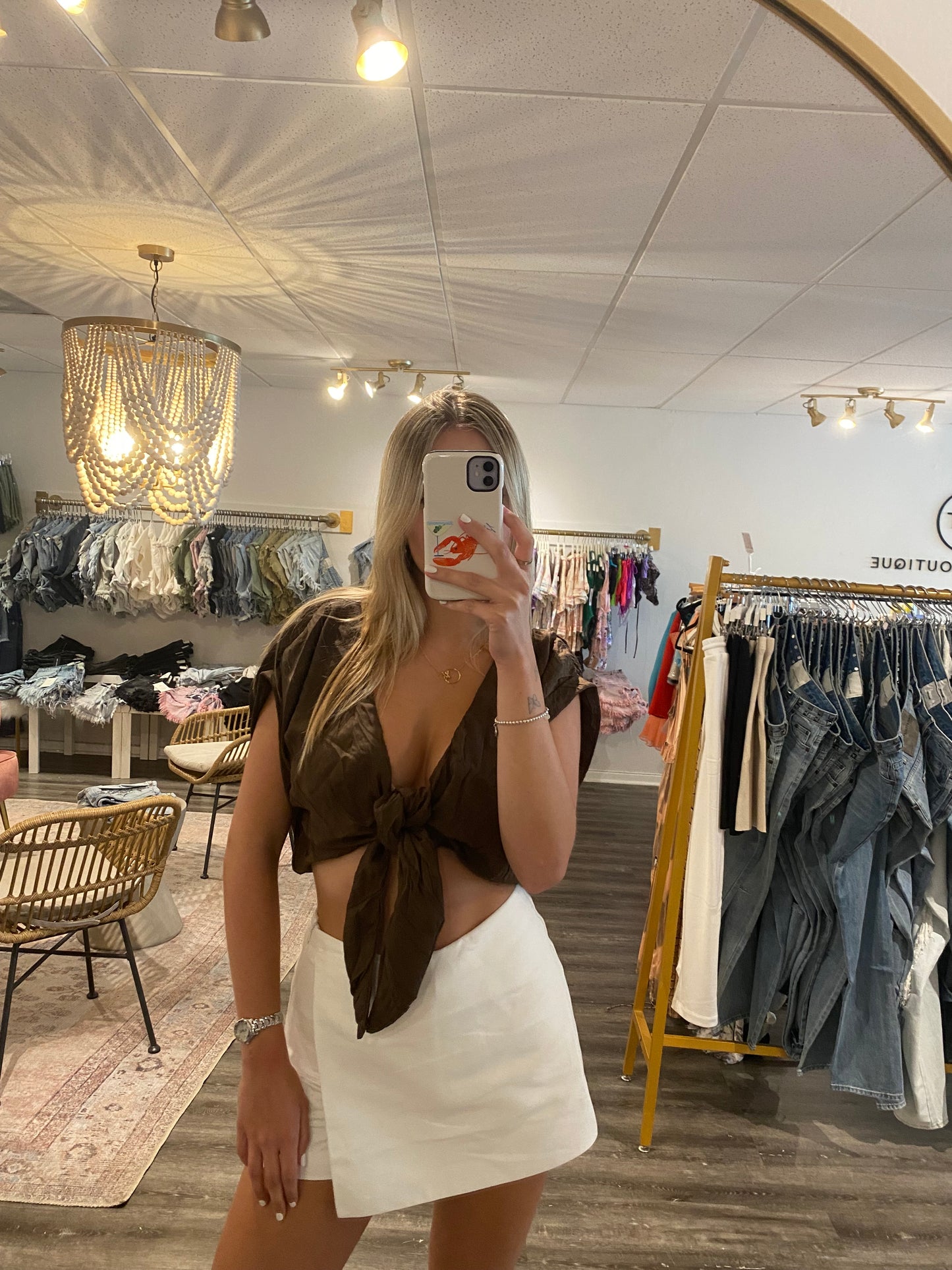 MS Brown Front Tie Crop Top