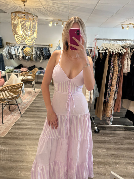 Lavender Striped Sleeveless Tiered Maxi Dress