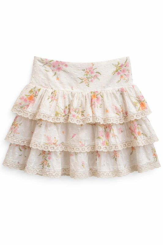 Melody Vintage Wildflower Waist Lace Trim Tween Skirt