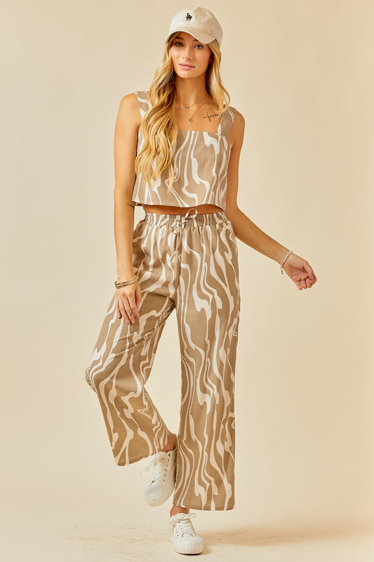 Taupe/Off White Flowy Wide Leg Pants - DM