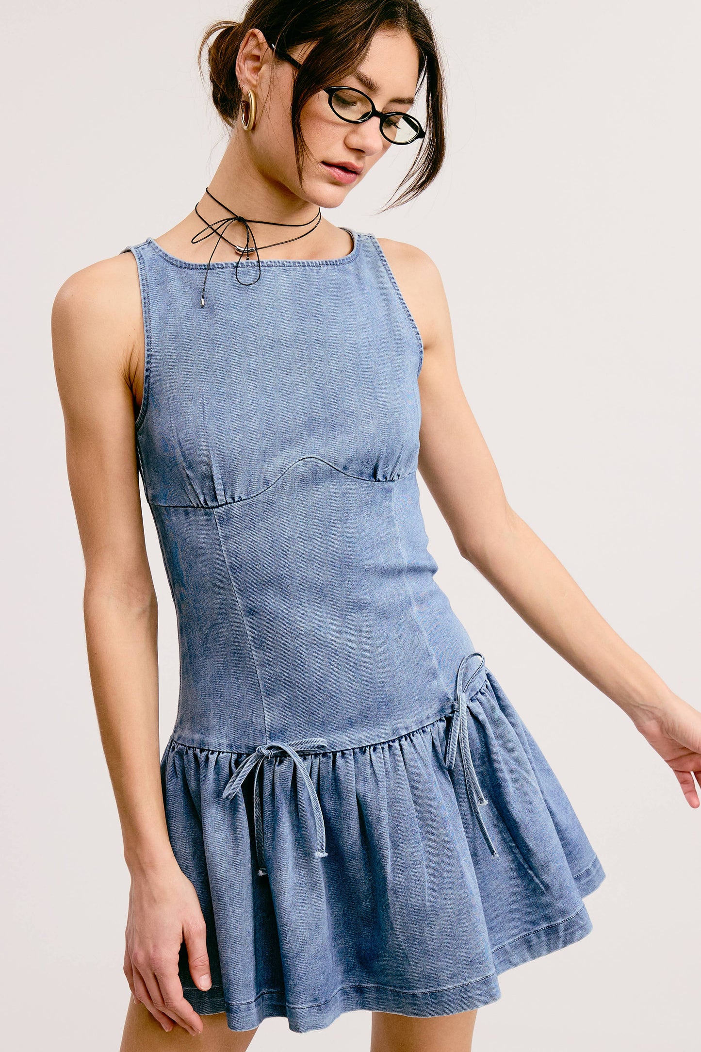 Bow Detail Fit & Flare Denim Wash Sleeveless Mini Dress