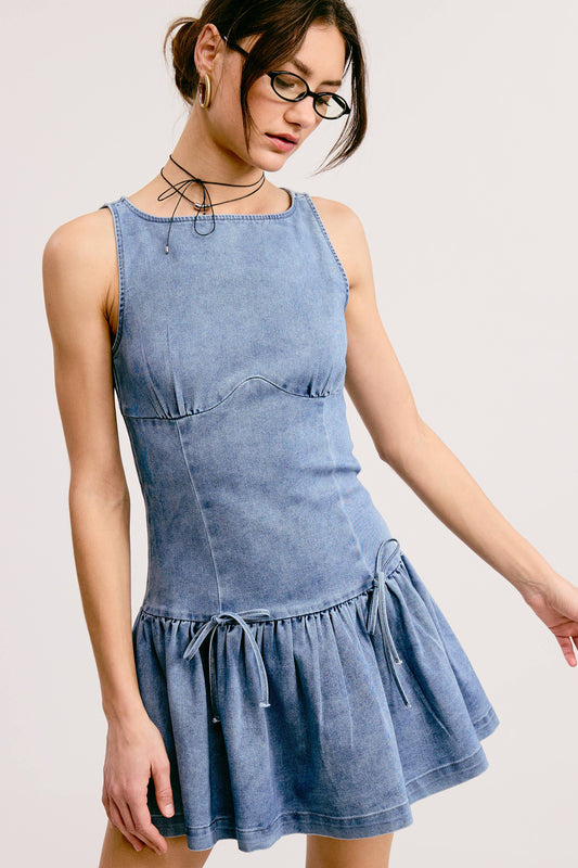 Bow Detail Fit & Flare Denim Wash Sleeveless Mini Dress