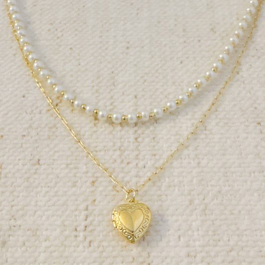 Pearls And Heart Locket Layered Necklace