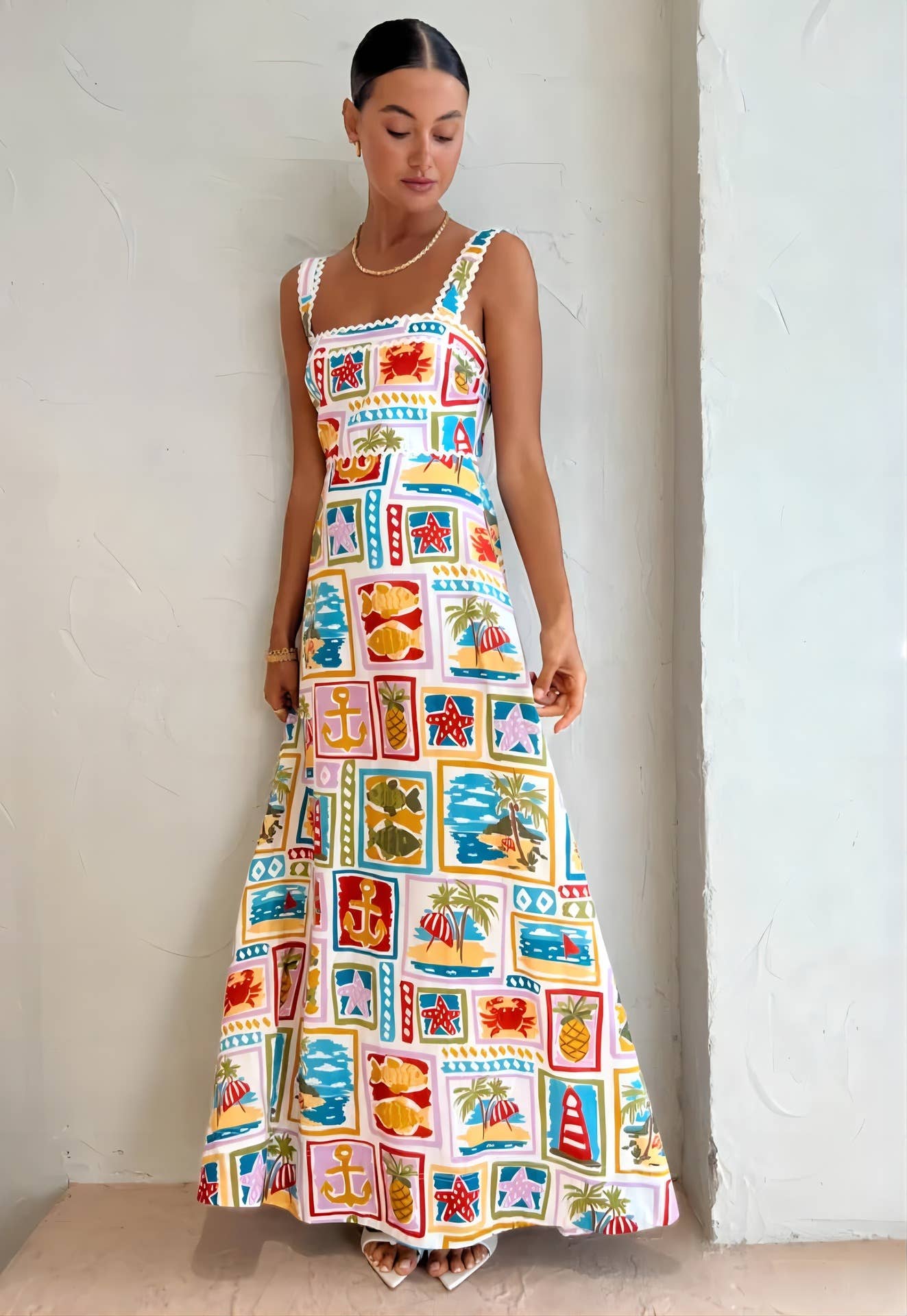 Suspender Maxi Dress Beach Print