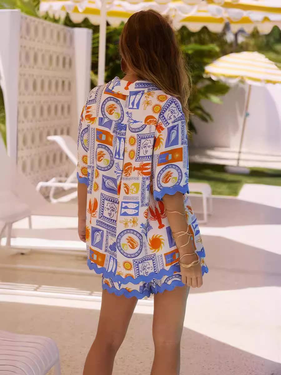 Sun Print Summer Vacation Two-Piece Shorts Set
