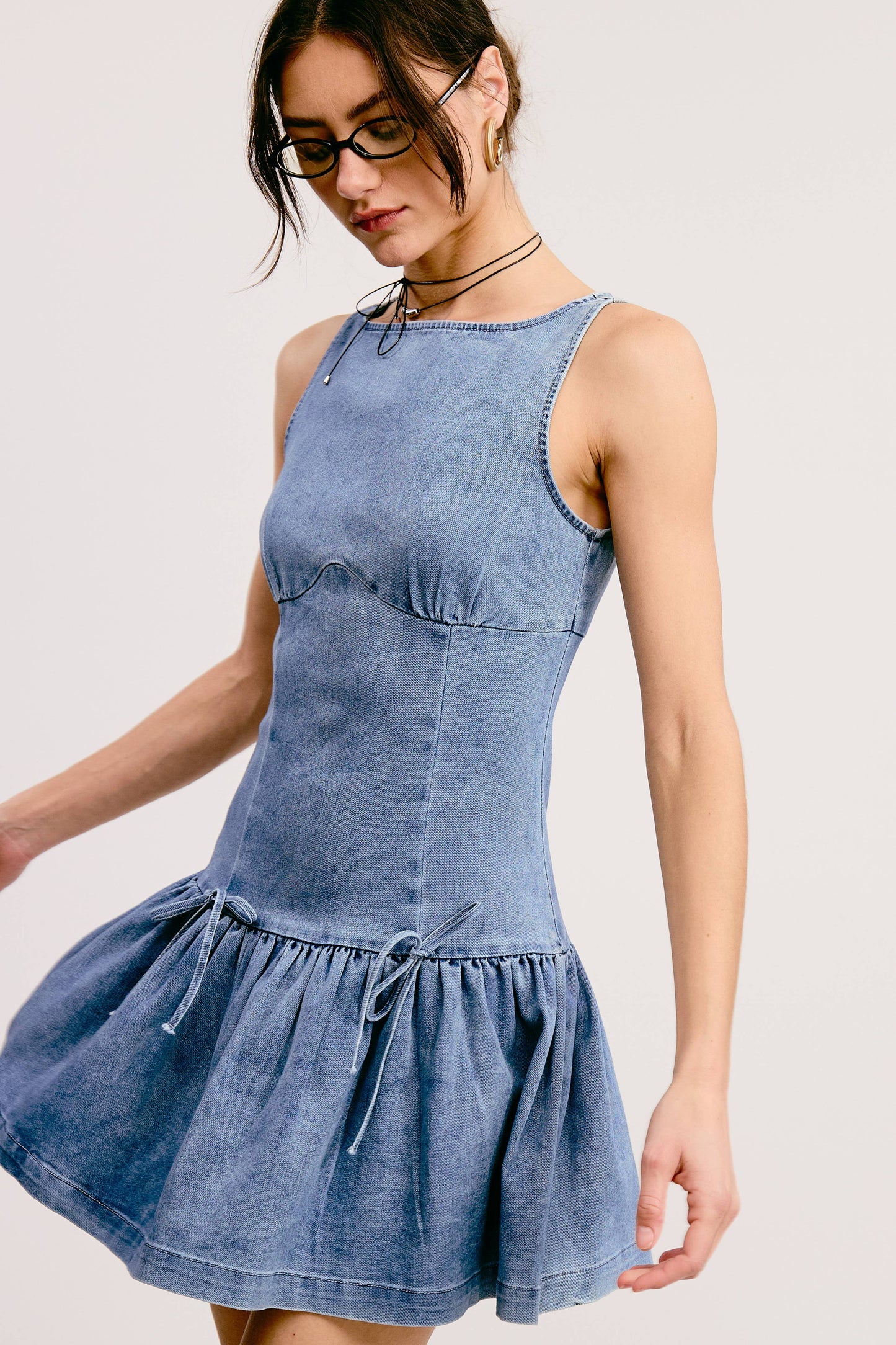 Bow Detail Fit & Flare Denim Wash Sleeveless Mini Dress