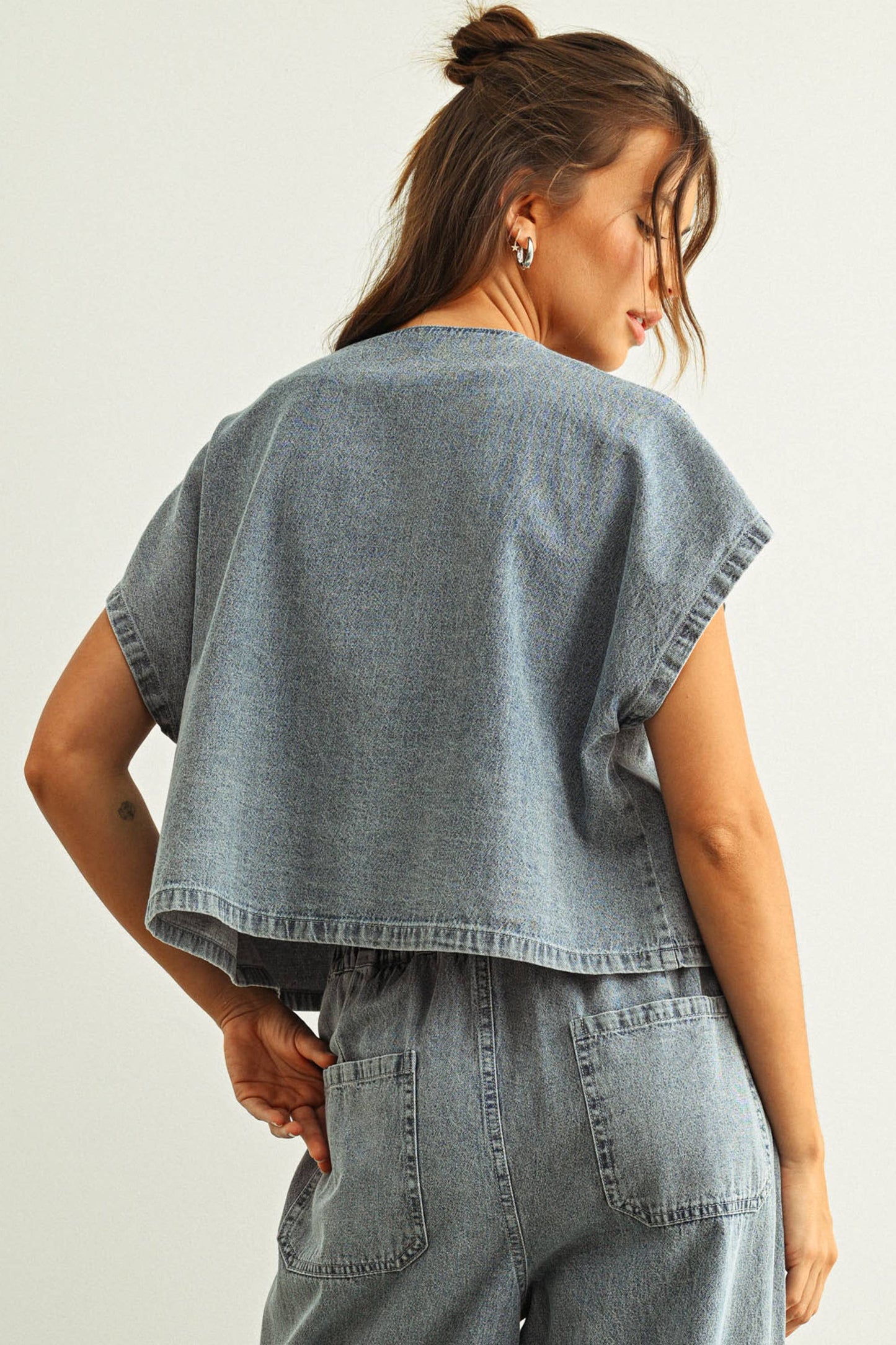 Washed Denim Tie-Front Cropped Blouse
