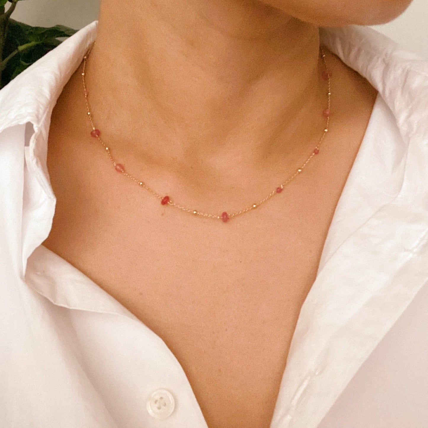 Dainty Precious Stone Bead Necklace: Green Stone