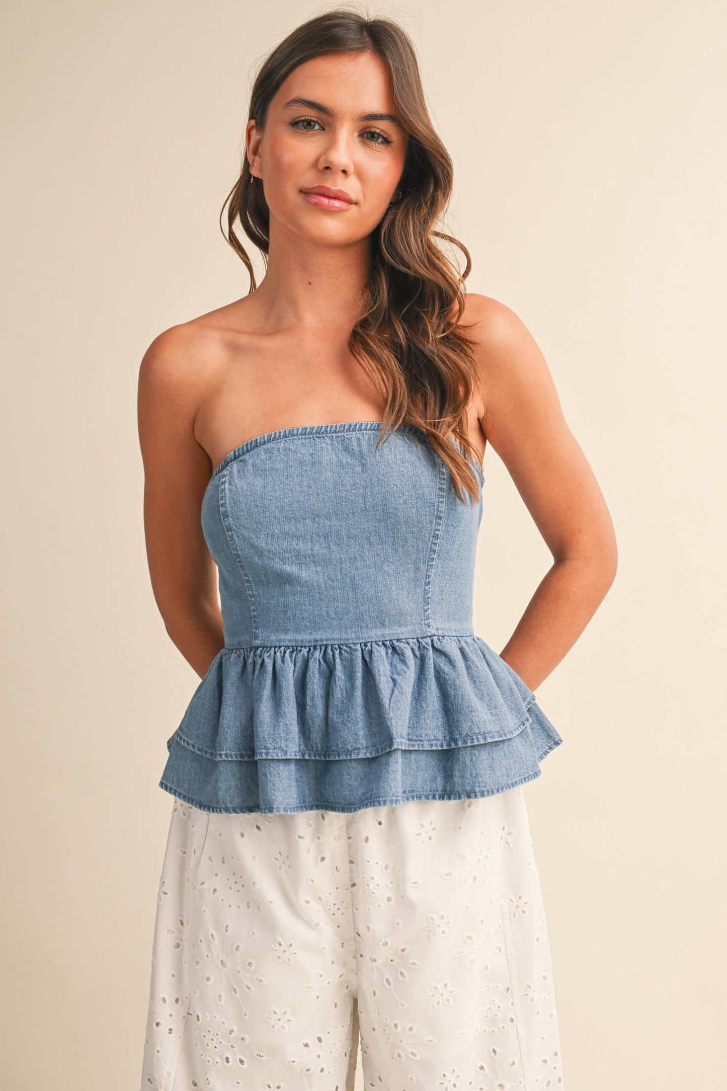 Strapless Washed Denim Peplum Top