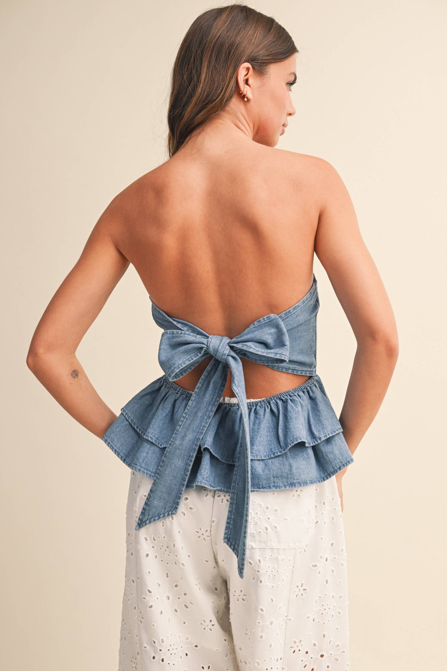 Strapless Washed Denim Peplum Top