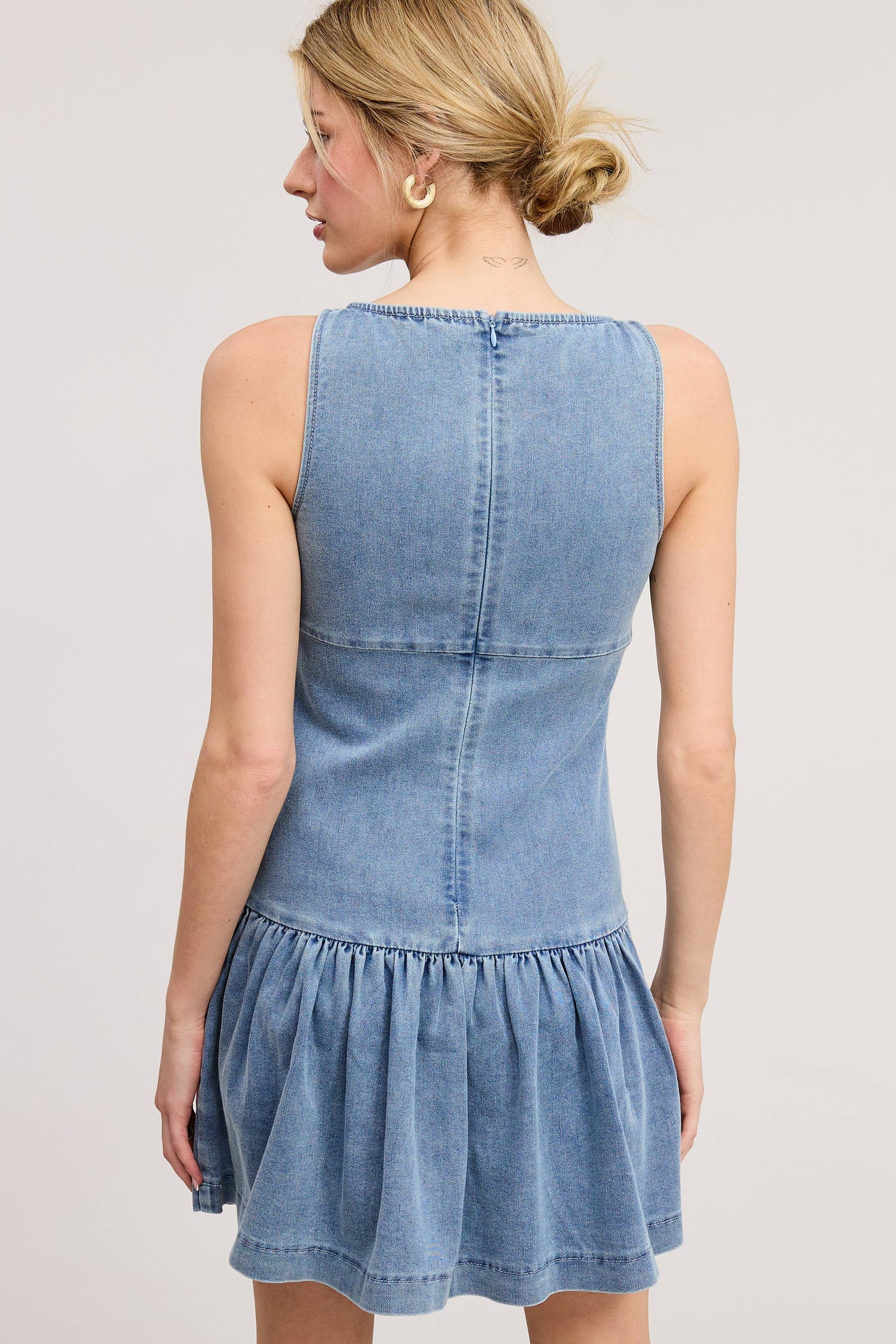 Bow Detail Fit & Flare Denim Wash Sleeveless Mini Dress