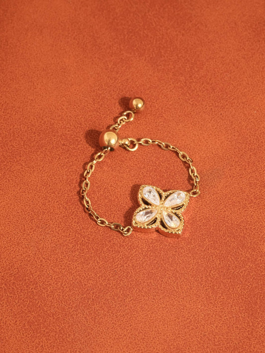 Lelandi 18K Gold Non-Tarnish CZ Floral Adjustable Chain Ring