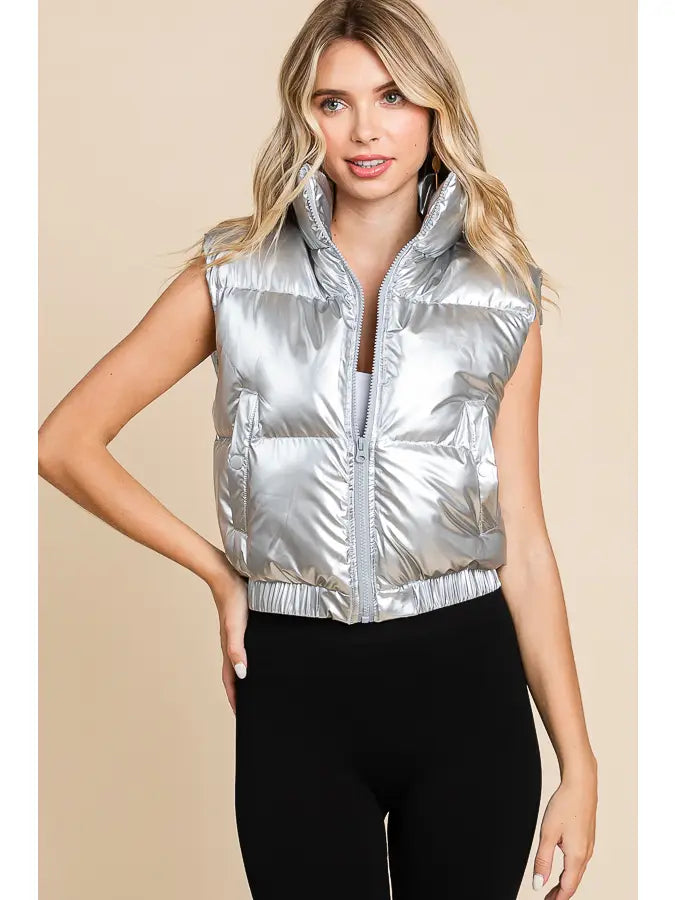 Silver Cropped Puffer Jacket