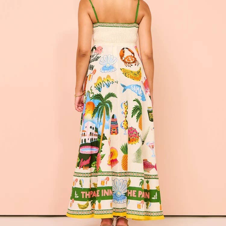 Suspender Maxi Dress Beach Print