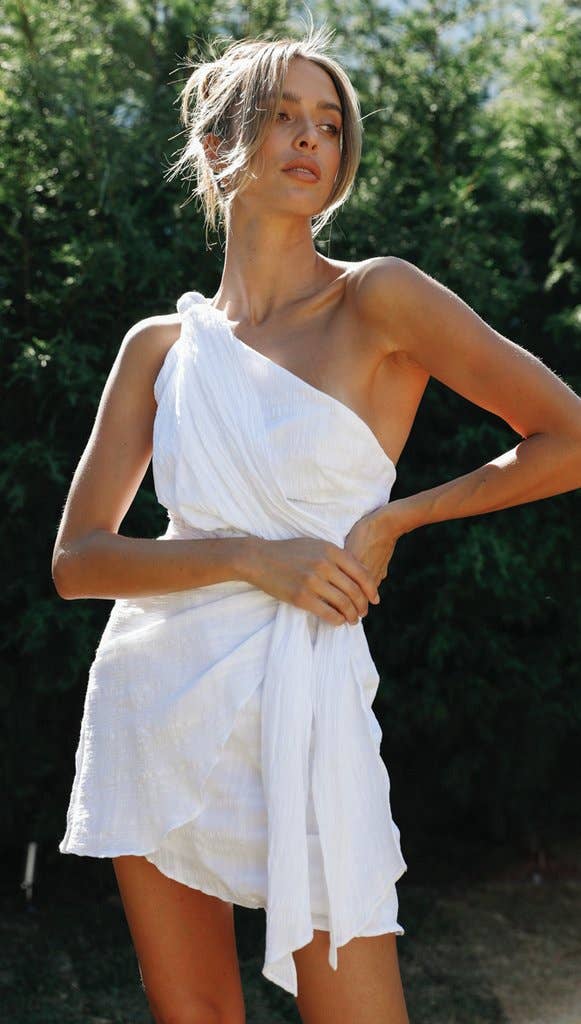 White One Shoulder Wrinkle Mini Dress