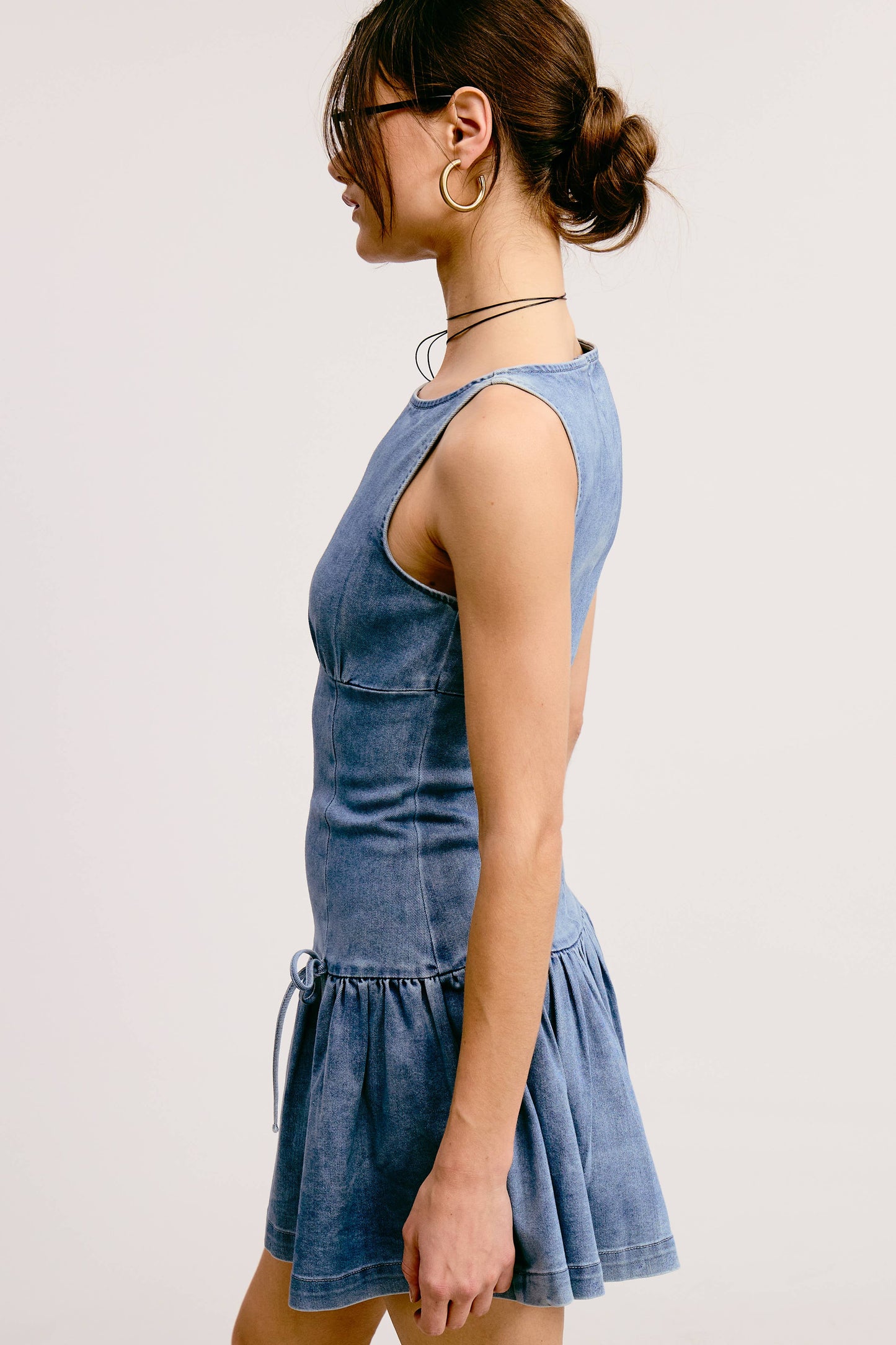 Bow Detail Fit & Flare Denim Wash Sleeveless Mini Dress