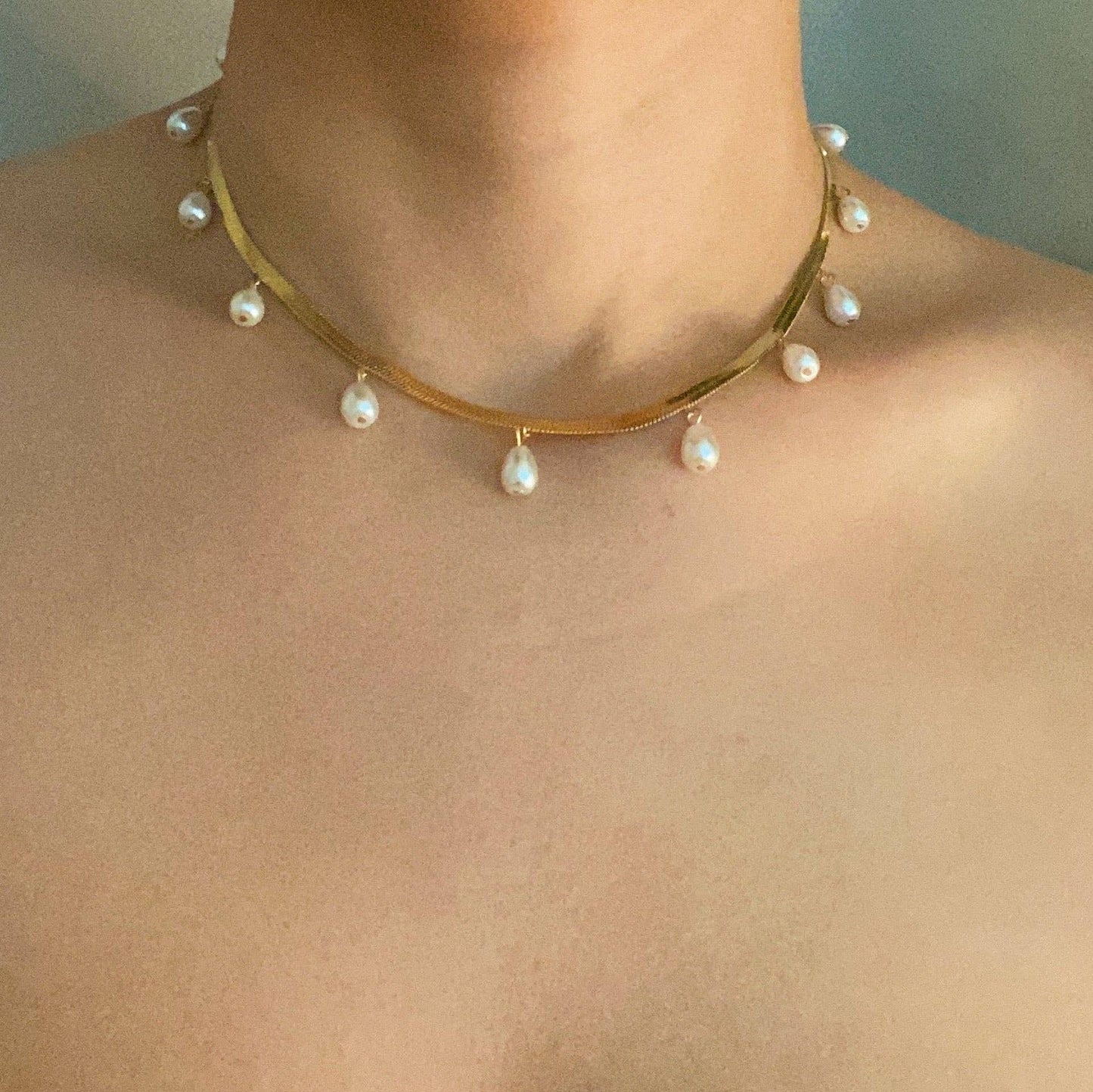 Pearl Drop Herringbone Necklace