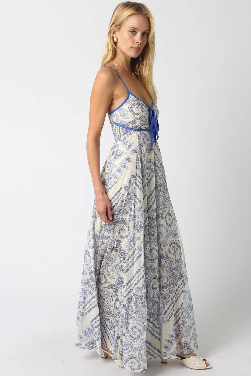 Brynn Blue Trim Printed Maxi Dress