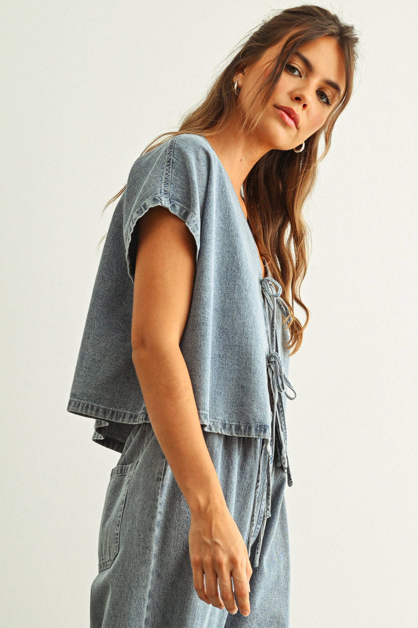 Washed Denim Tie-Front Cropped Blouse