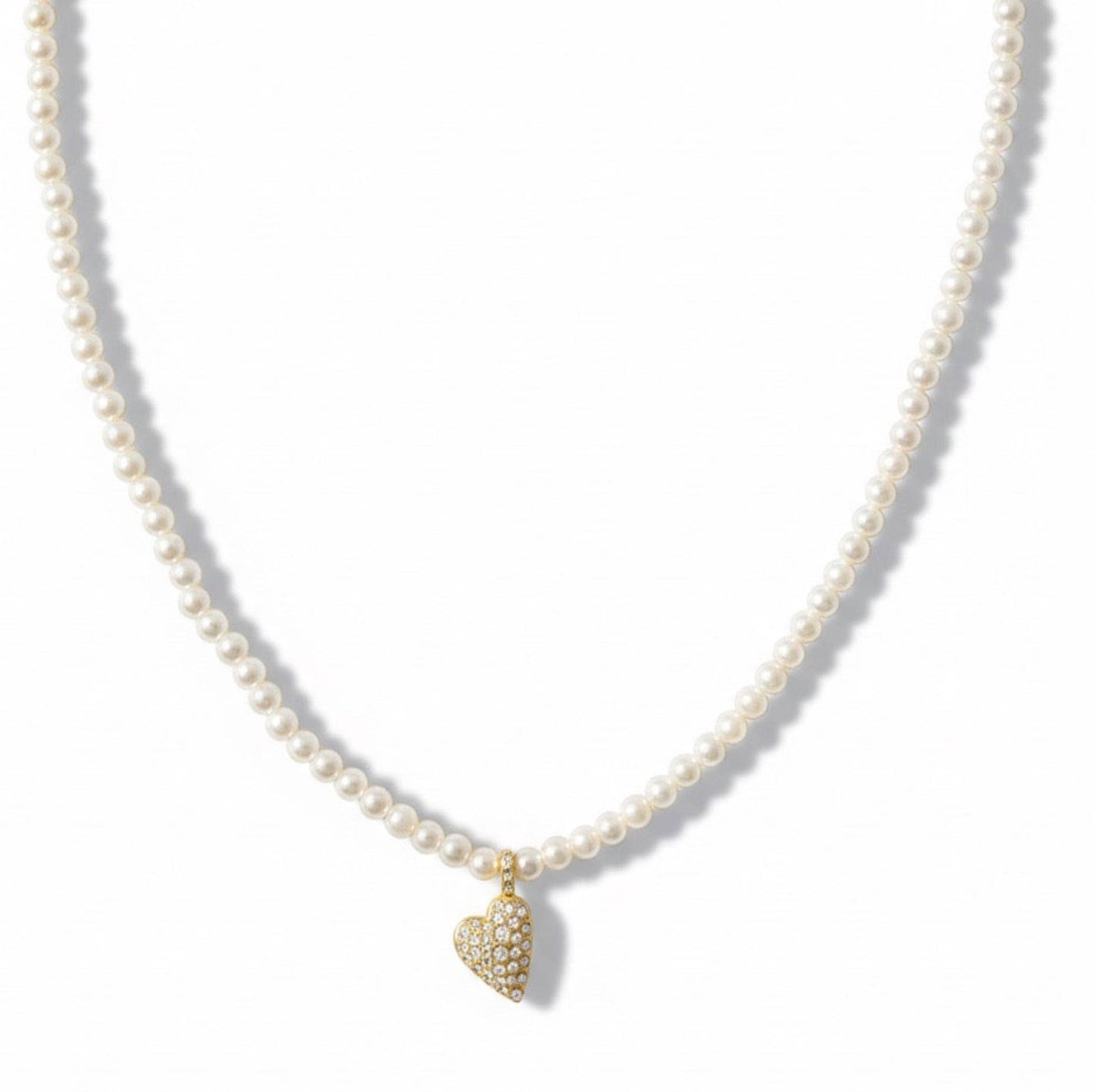 Pavé Crystal Heart Charm Pearl Necklace