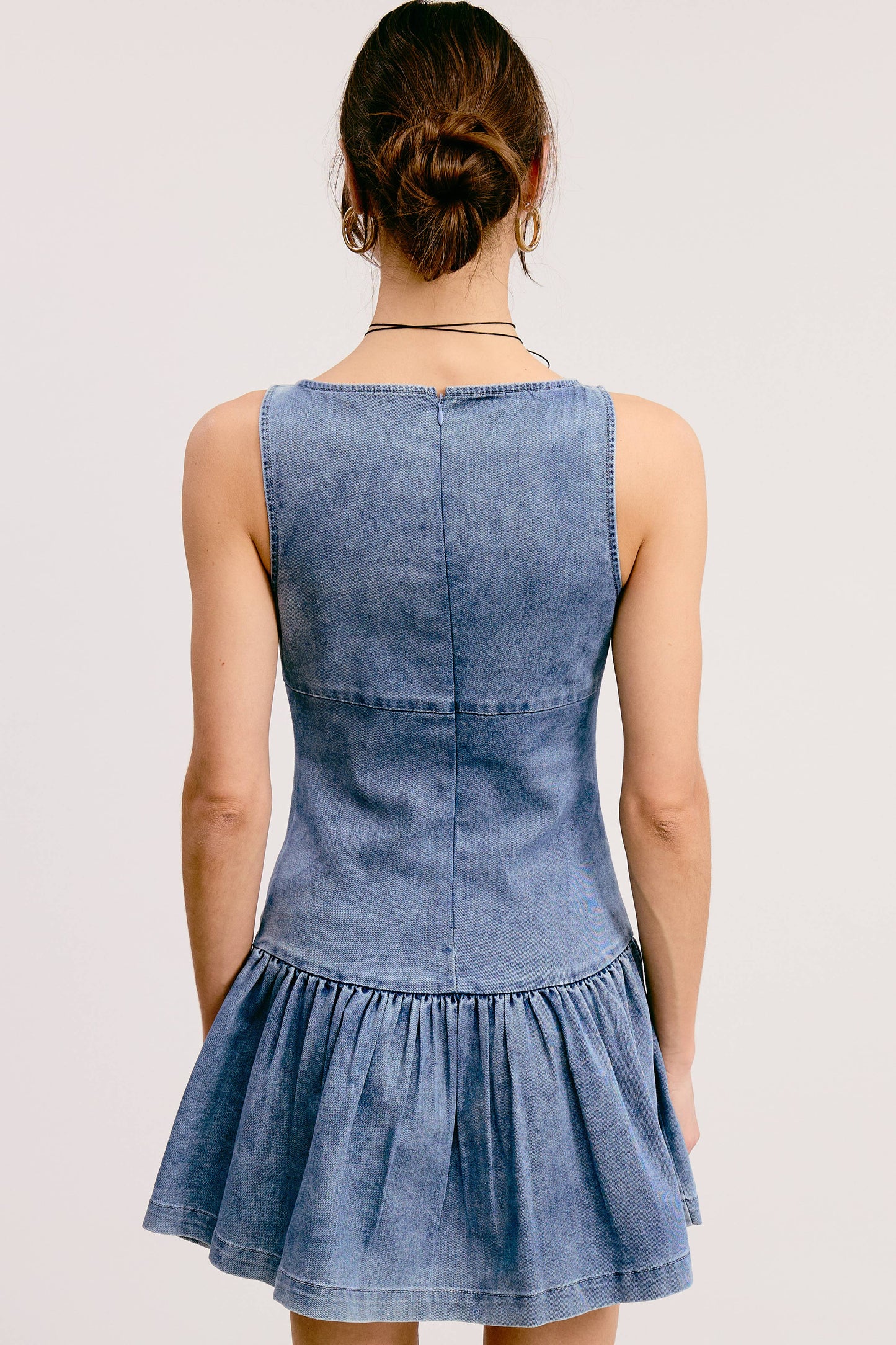 Bow Detail Fit & Flare Denim Wash Sleeveless Mini Dress