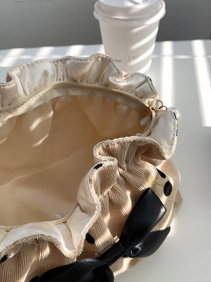 Corduroy Cherry Bow Cosmetic Bag