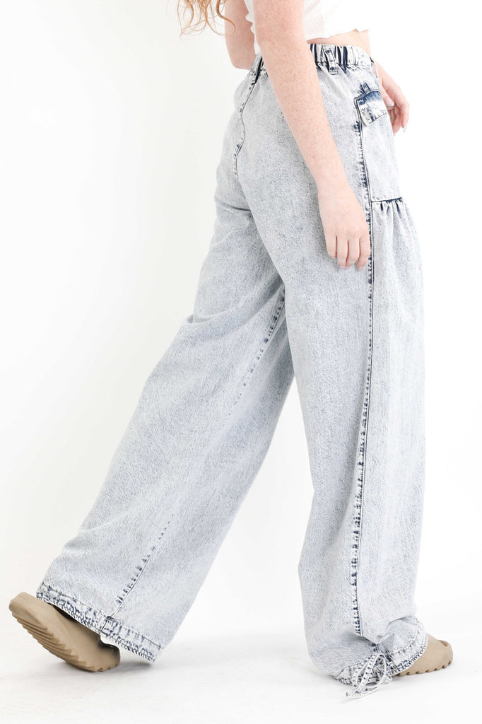 Big Pockets Tie Hem Wide Leg Denim Pants - RV