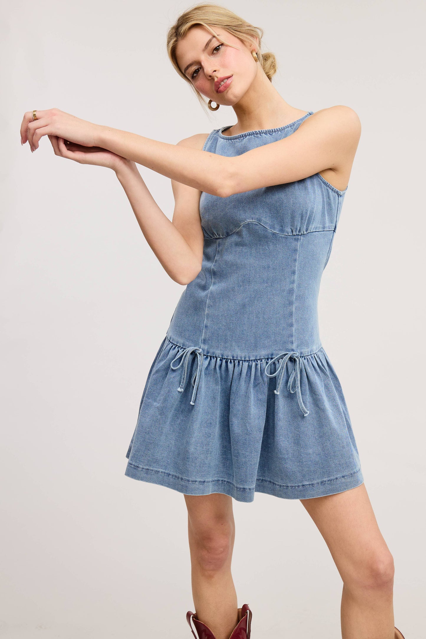 Bow Detail Fit & Flare Denim Wash Sleeveless Mini Dress