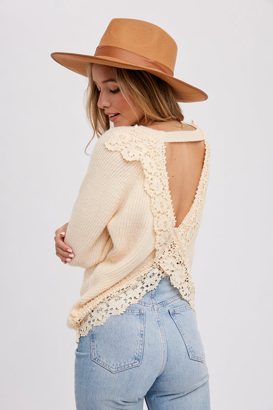 Crochet Lace Open Back Pullover