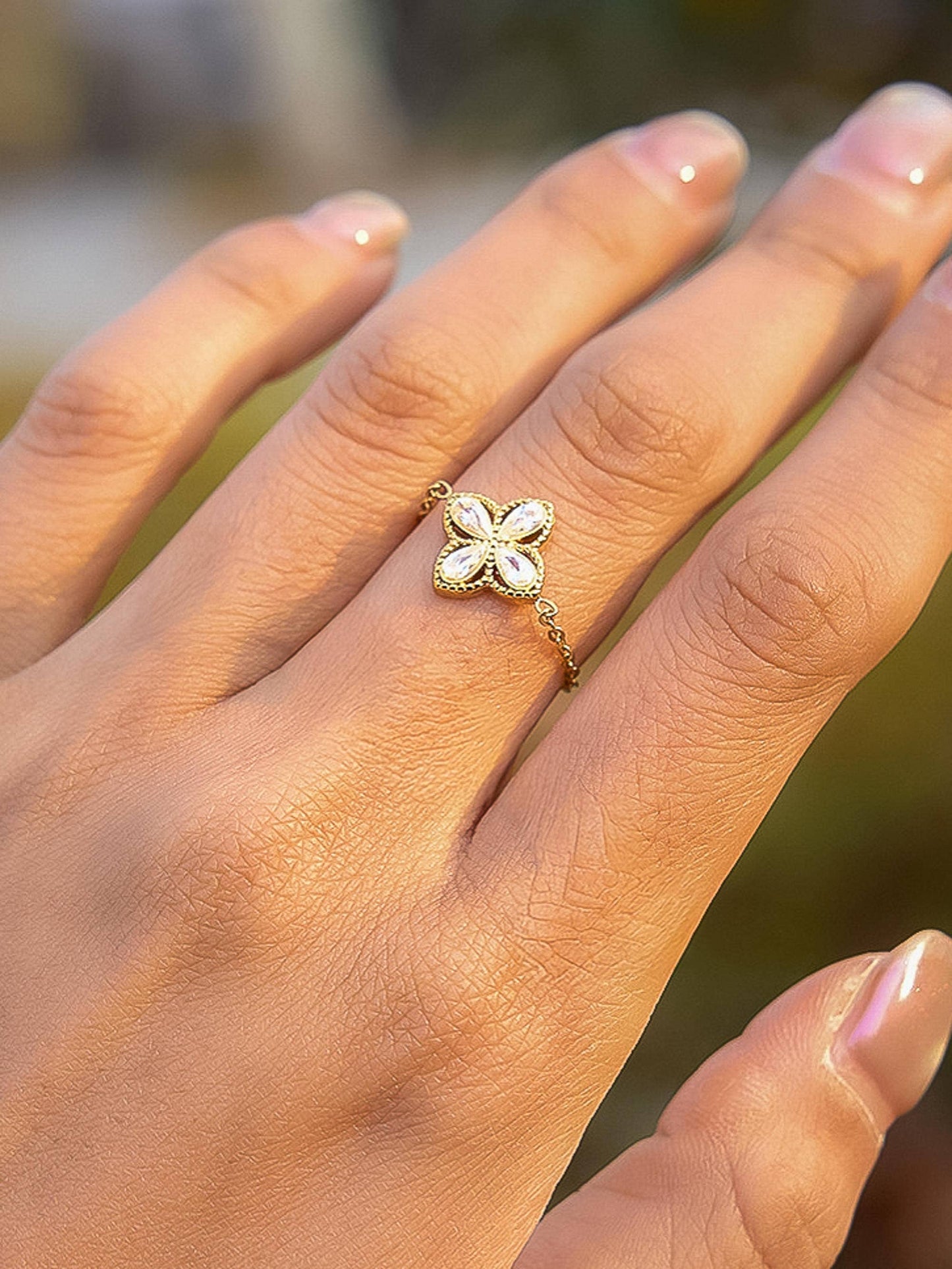 Lelandi 18K Gold Non-Tarnish CZ Floral Adjustable Chain Ring