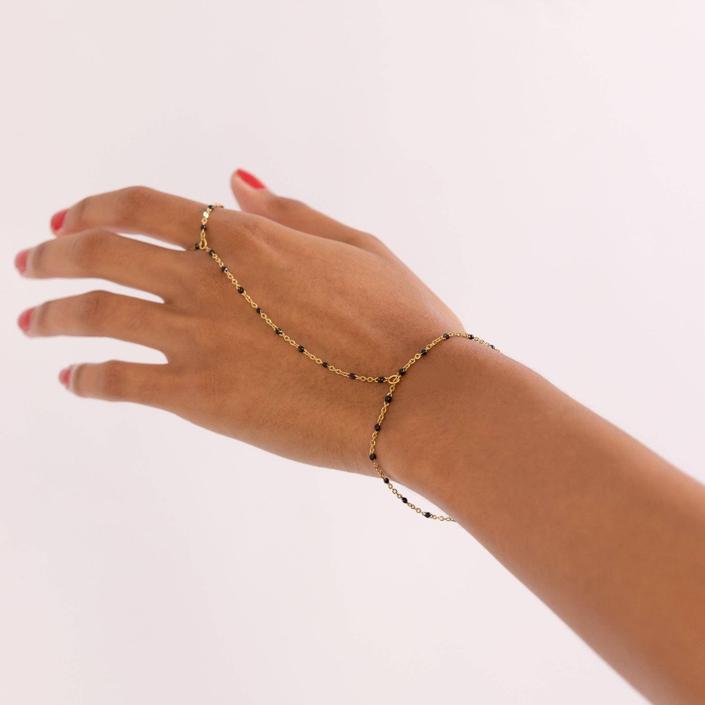 Briana Black Beaded Hand Chain - 18k Gold Plated