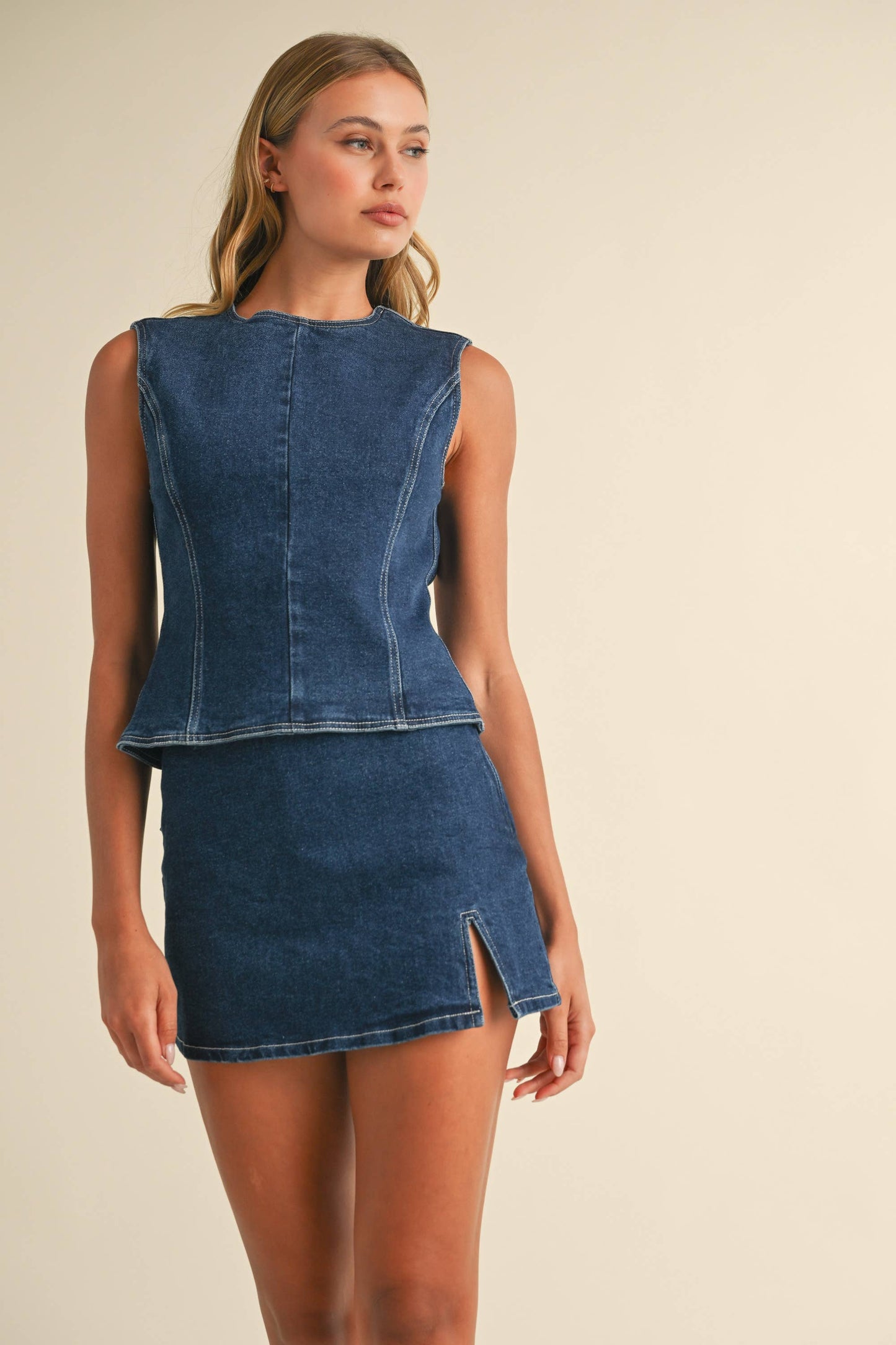 Dark Denim Sleeveless Top & Mini Skirt Set