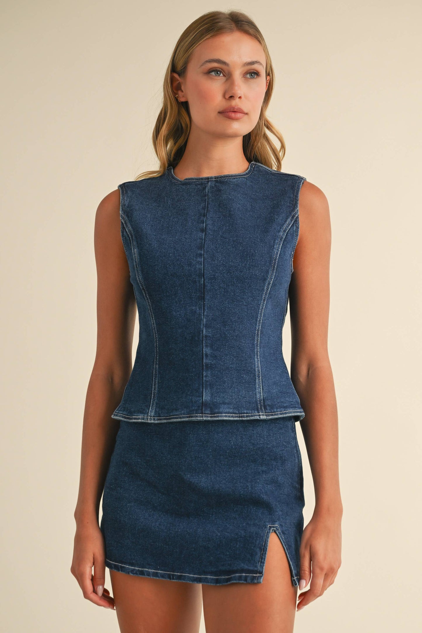 Dark Denim Sleeveless Top & Mini Skirt Set