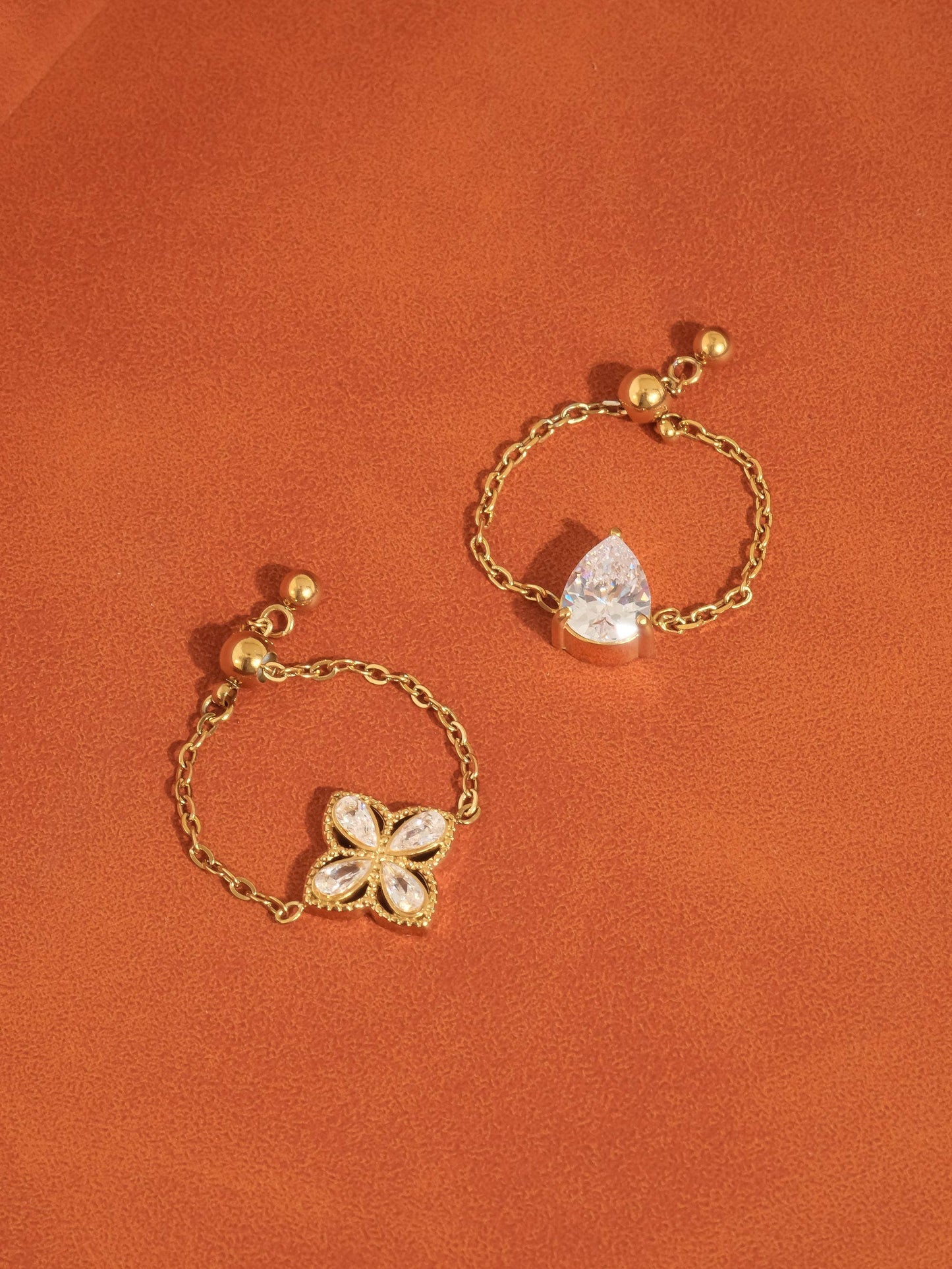 Lelandi 18K Gold Non-Tarnish CZ Floral Adjustable Chain Ring