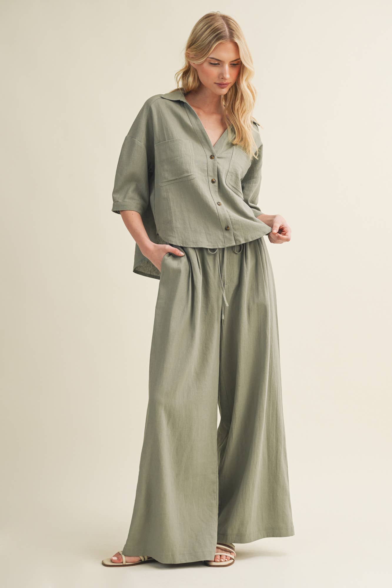 Olive Ease Paperbag Pleated Pants