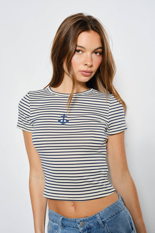 PAMELA STRIPED ANCHOR BEADED TEE