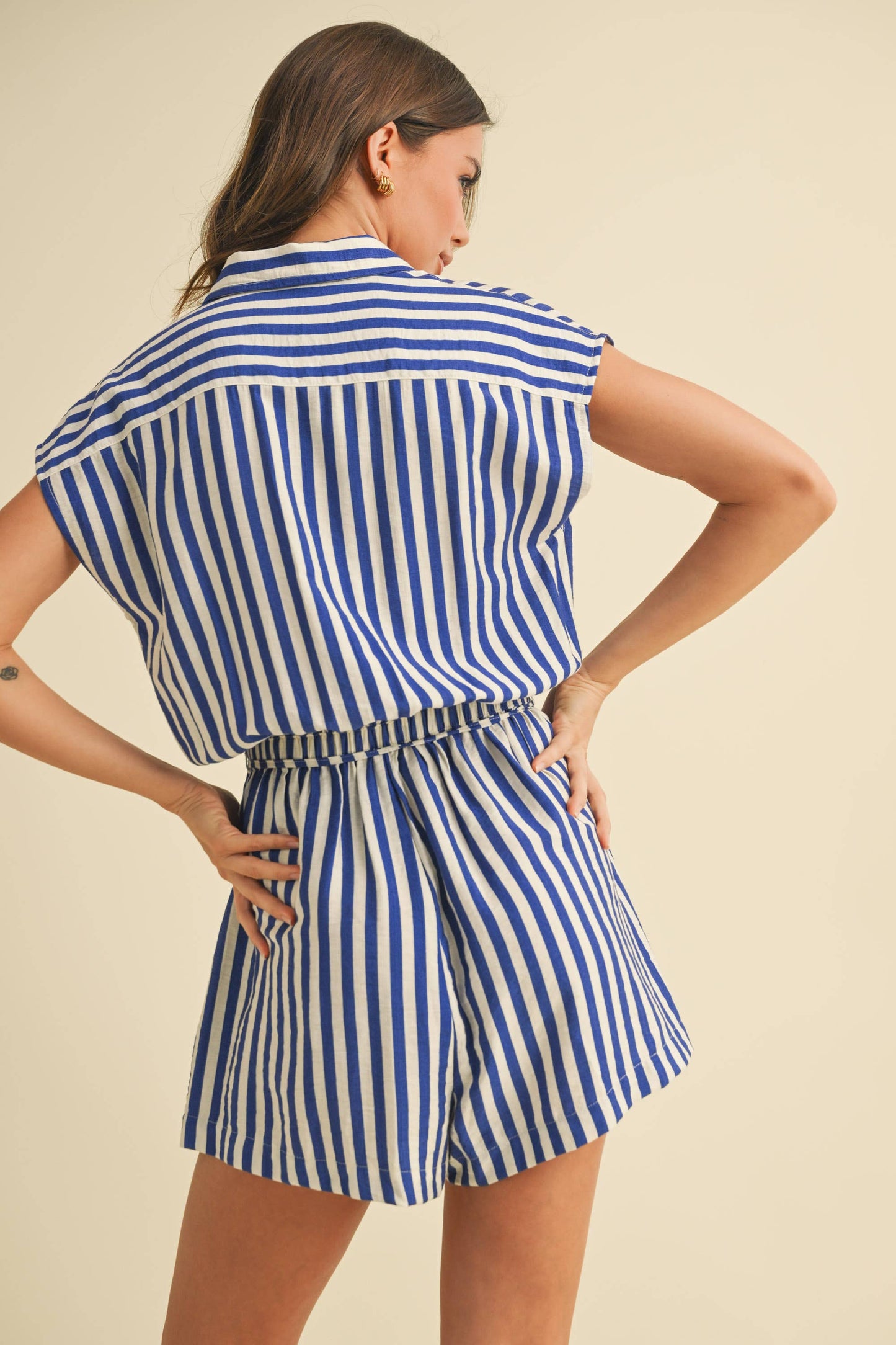 Striped Short Sleeve Button Down Romper