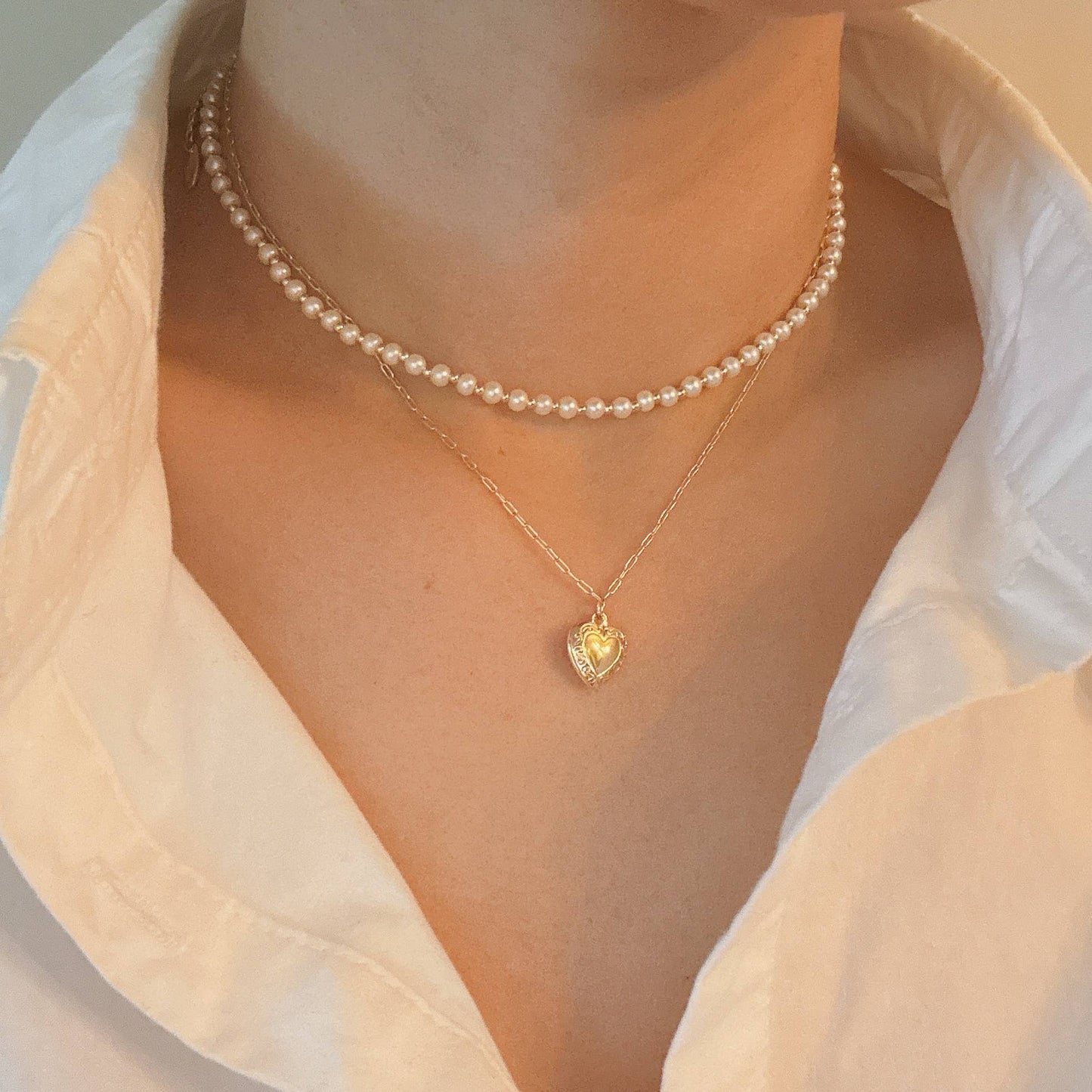 Pearls & Heart Locket Layered Necklace