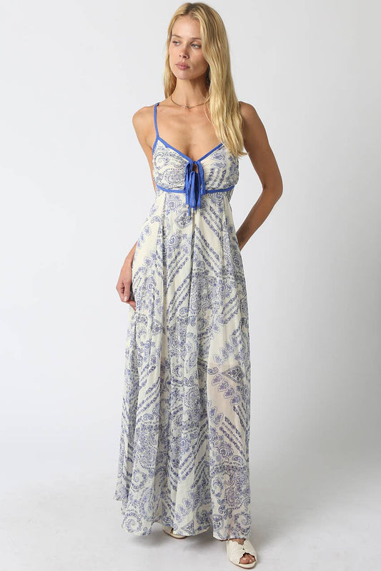 Brynn Blue Trim Printed Maxi Dress
