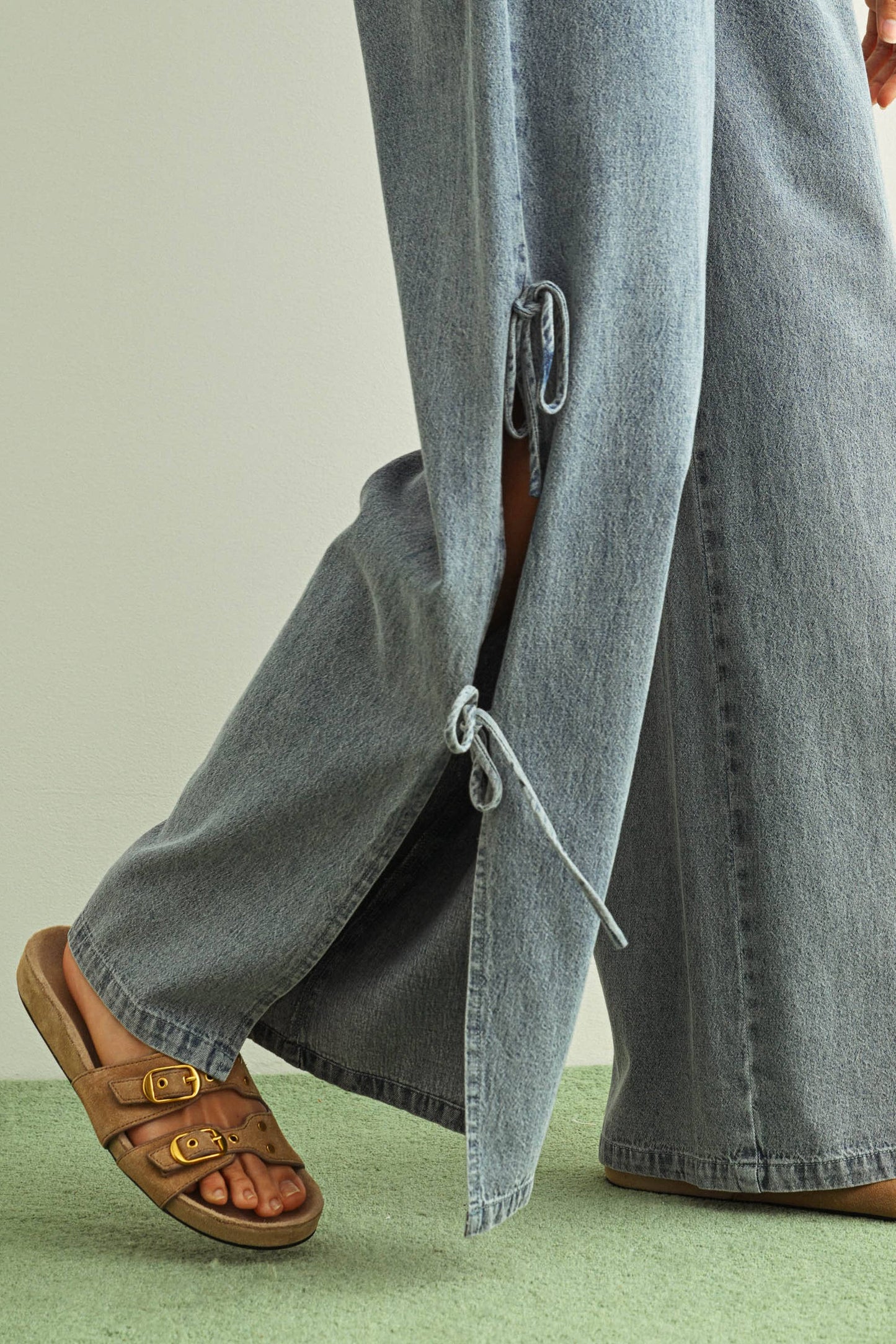 Washed Denim Wide Leg Side Slit Pants
