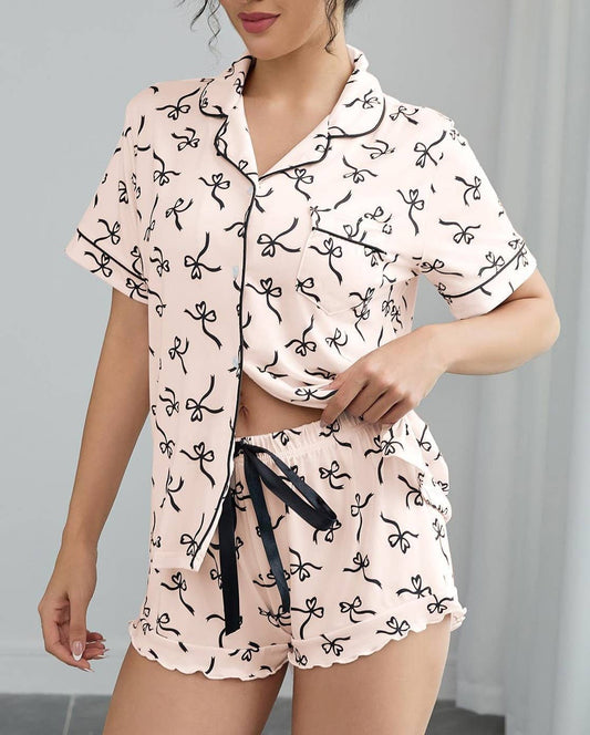 Bow Printed Short-Sleeve Shorts Pajama Set