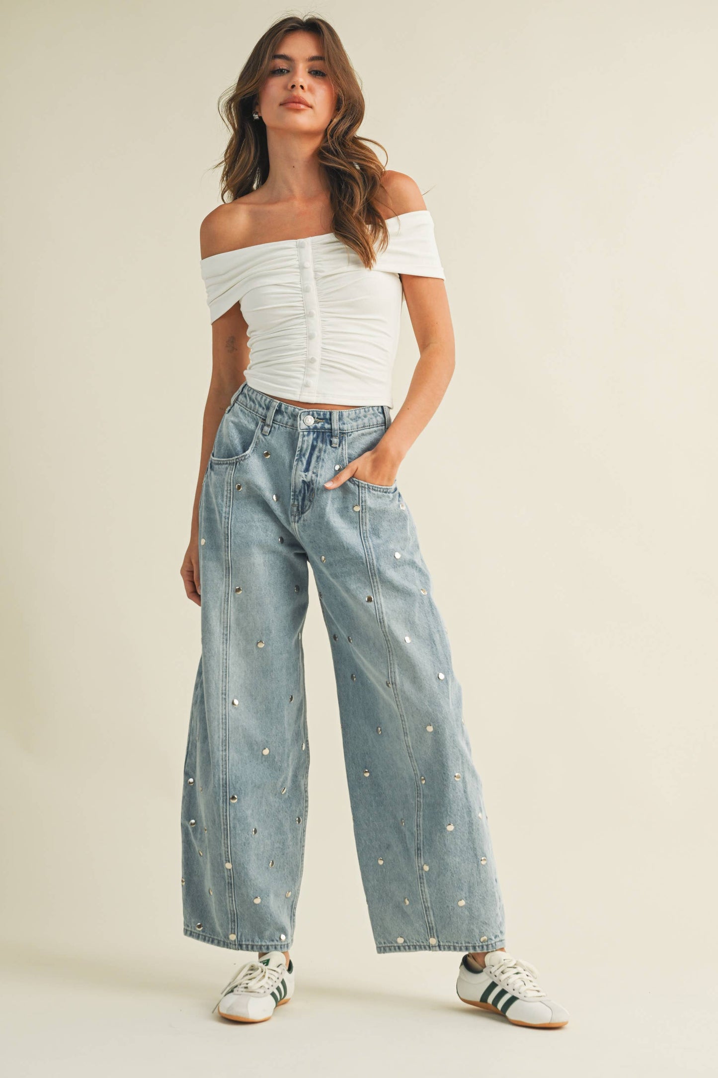 STUDDED BARREL DENIM PANTS