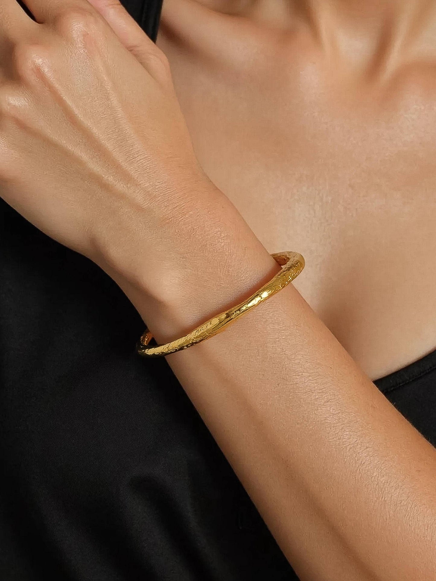 Ruvic 18K Gold Non-Tarnish Textured Open Cuff Bracelet