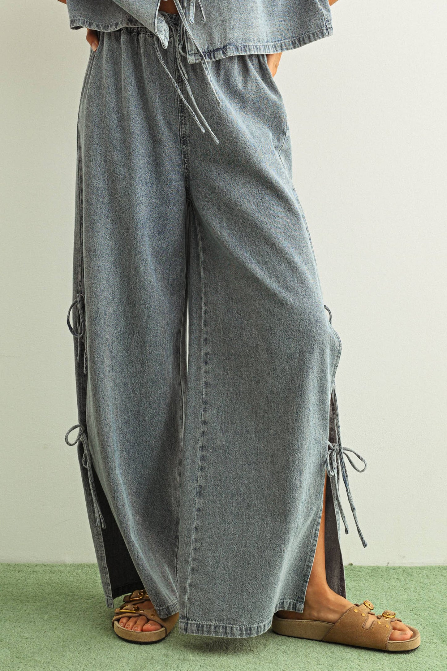 Washed Denim Wide Leg Side Slit Pants