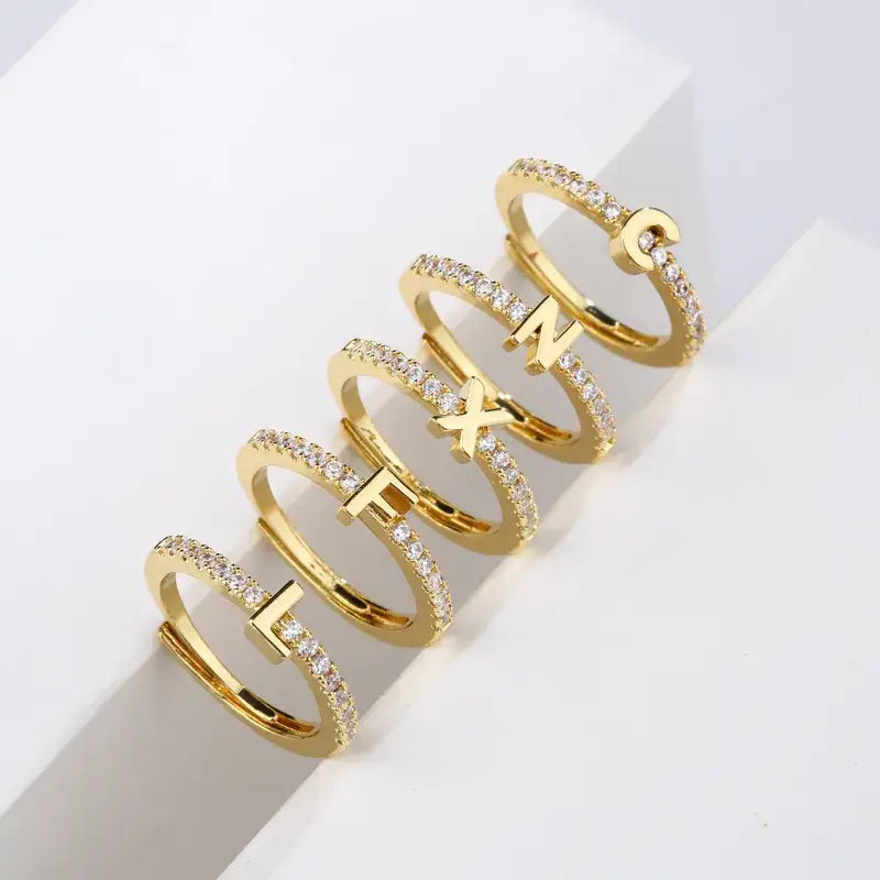 Initial Alphabet Personalized Ring with Rhinestones Yellow Gold