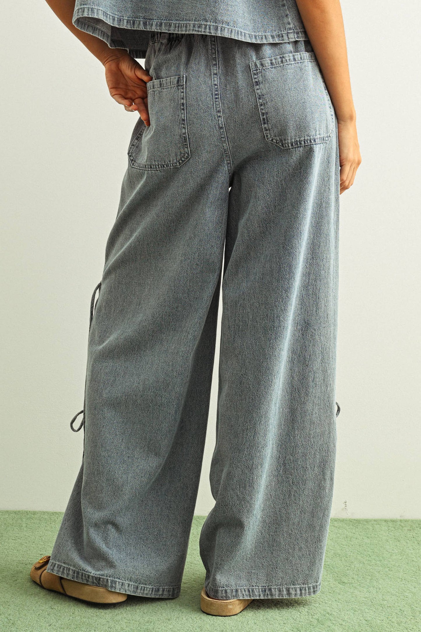 Washed Denim Wide Leg Side Slit Pants