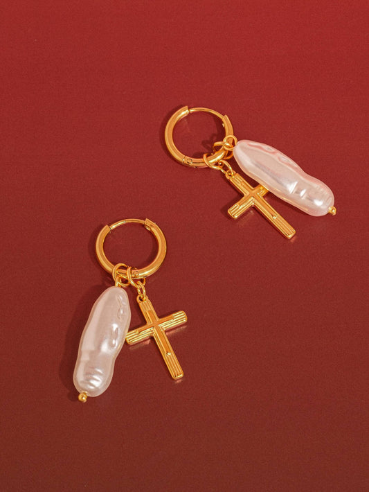 Breline 18K Gold Non-Tarnish Cross Pearl Drop Earrings