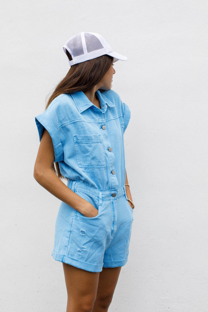 Distressed Button Down Denim Romper - DM